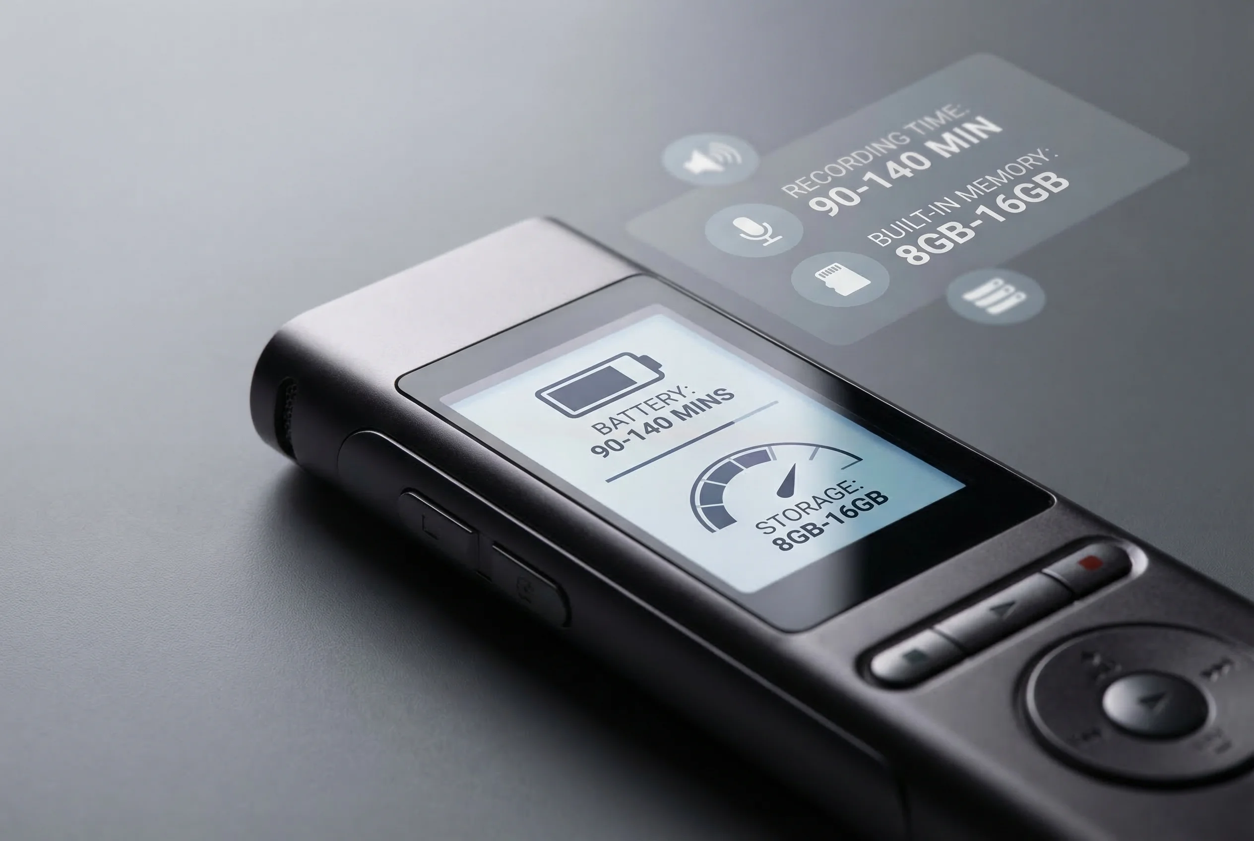 Battery life and storage capacity infographic for voice recorders