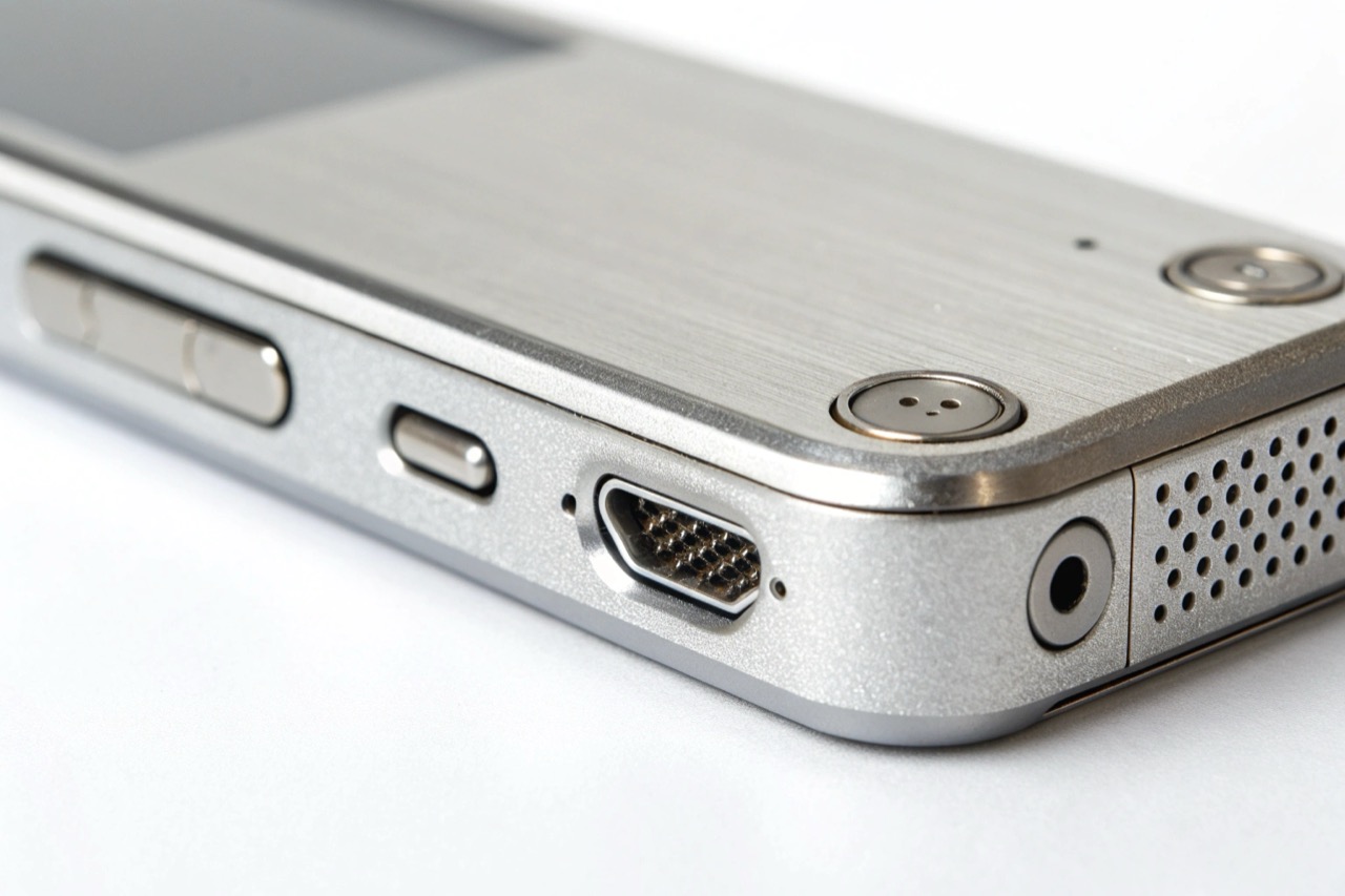 Close up macro shot of a Type-C port and metal casing on a digital voice recorder