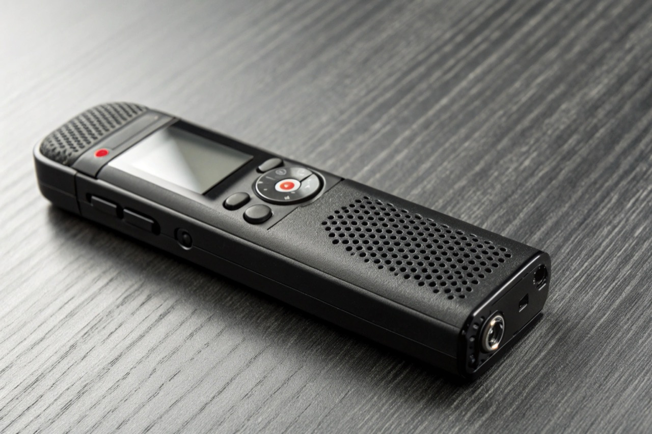 Primo piano di un registratore vocale digitale professionale nero su superficie metallica scura
