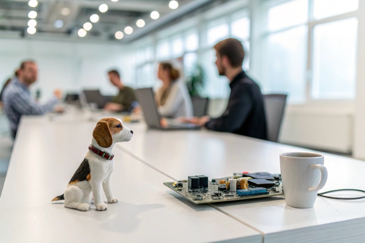 Modern bright office meeting room with a small decorative puppy figurine on the central table