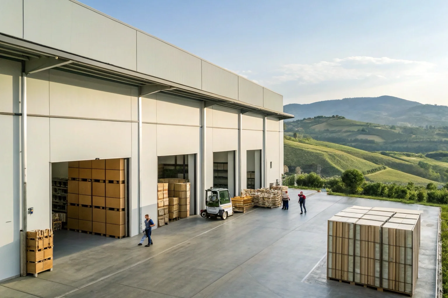 Magazzino logistico europeo con pacchi pronti per la spedizione rapida