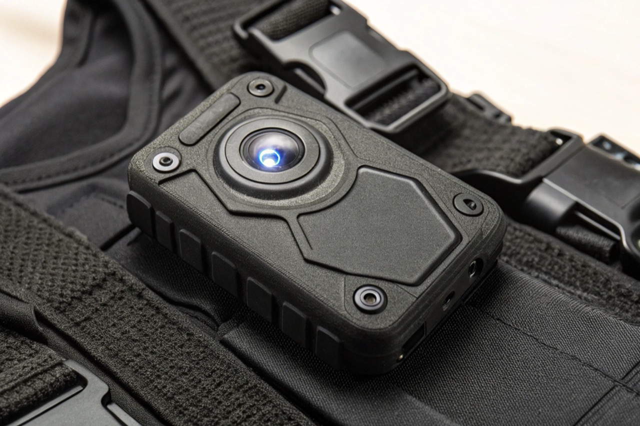 Rugged black body camera equipment on a dark tactical surface