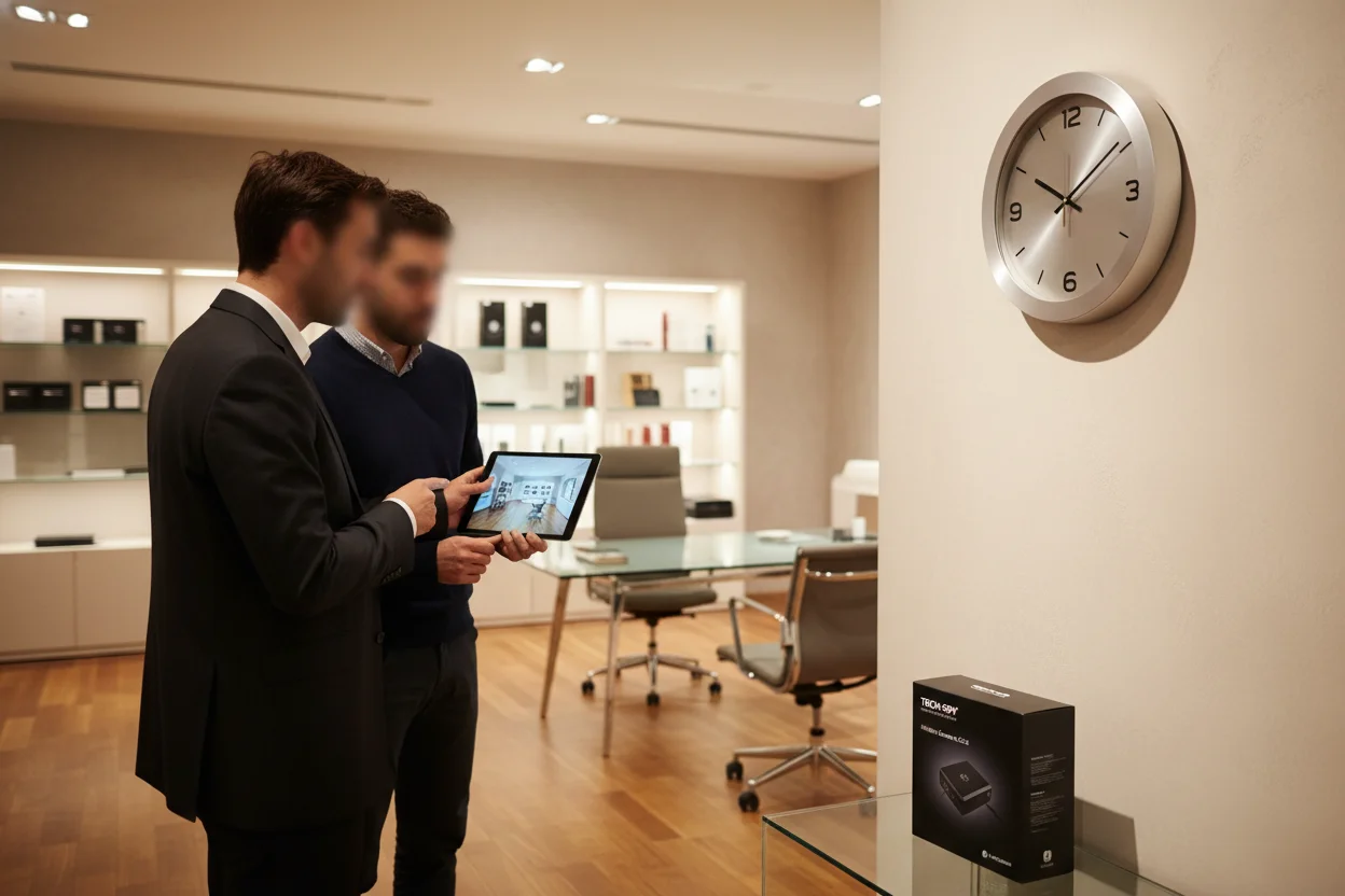 Business partners inspecting a hidden camera disguised as a clock in an Italian showroom