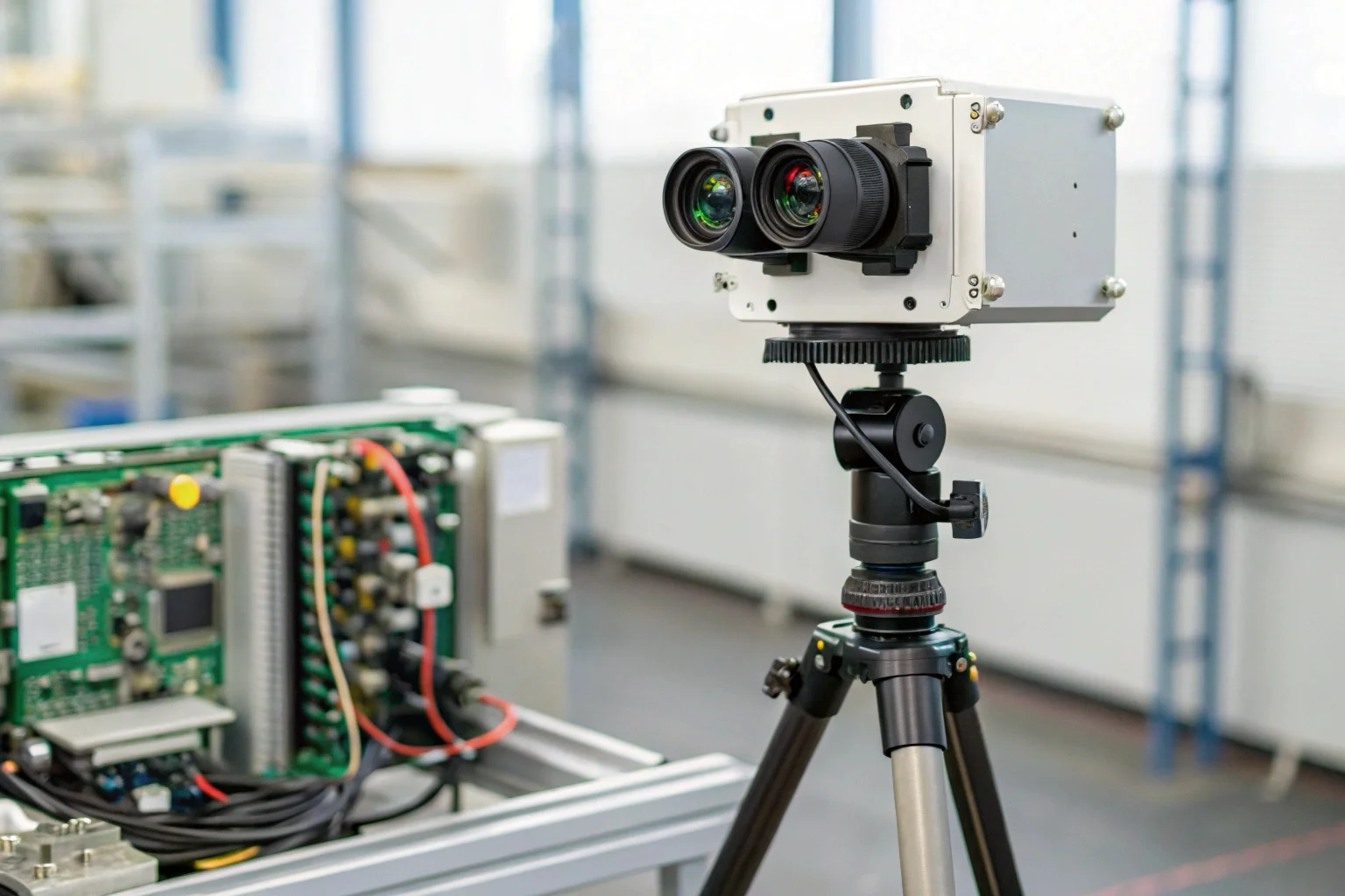 Engineer inspecting a smart camera module circuit board