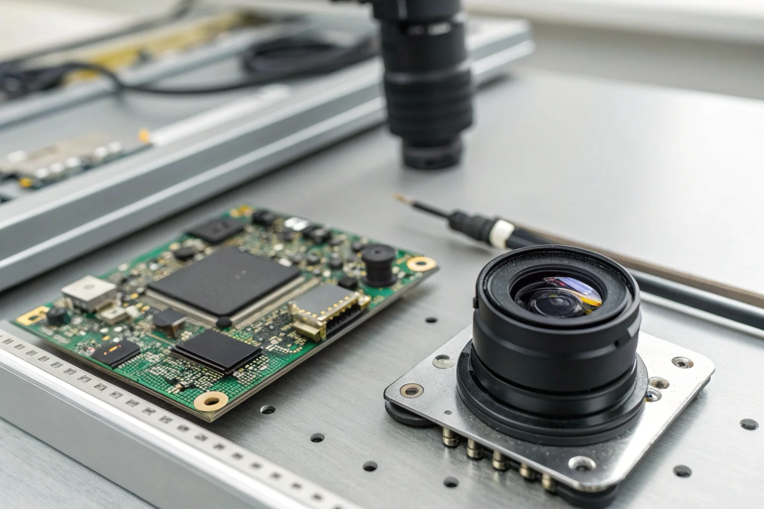 A technician testing a smart camera module on a workbench
