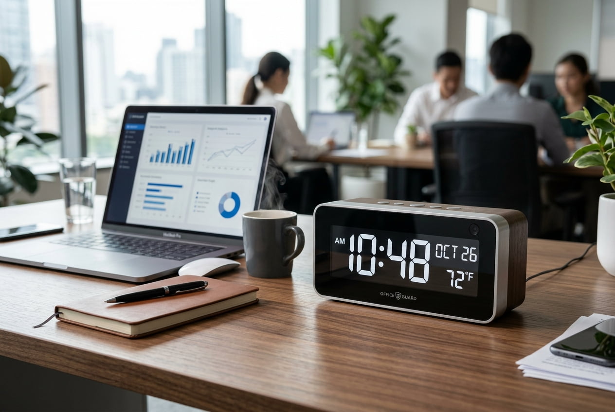 Spy camera clock on an office desk