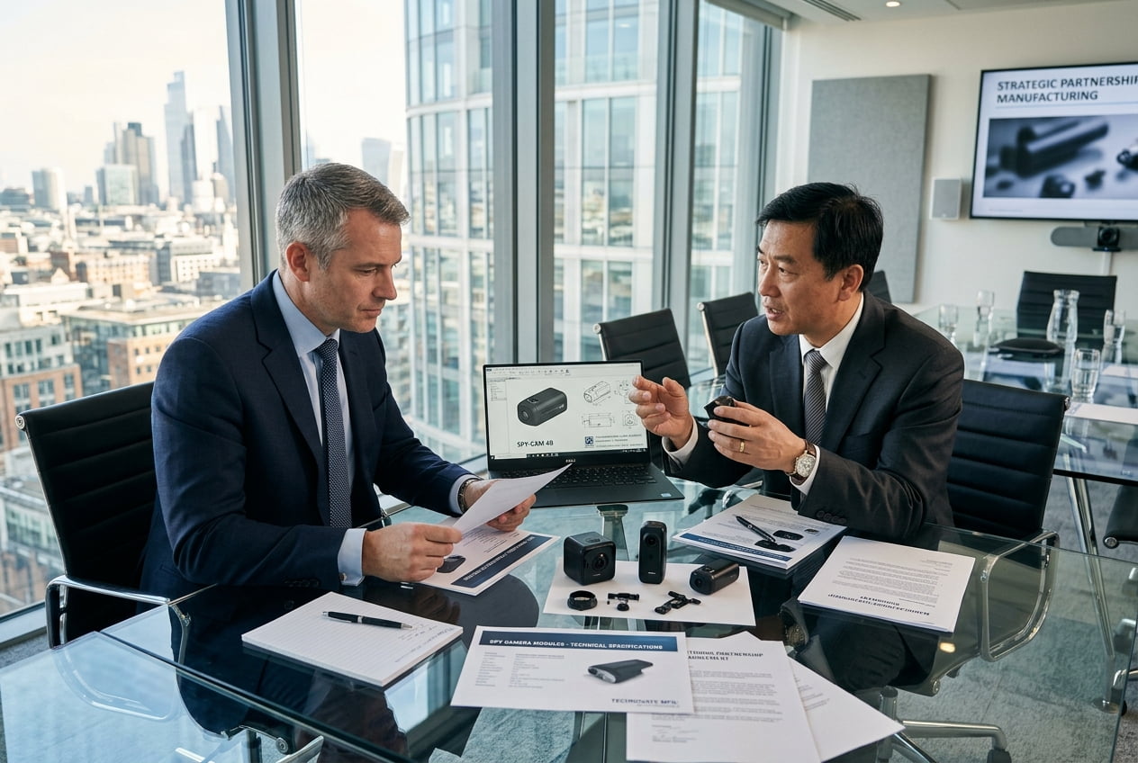 Business partners discussing spy camera manufacturing