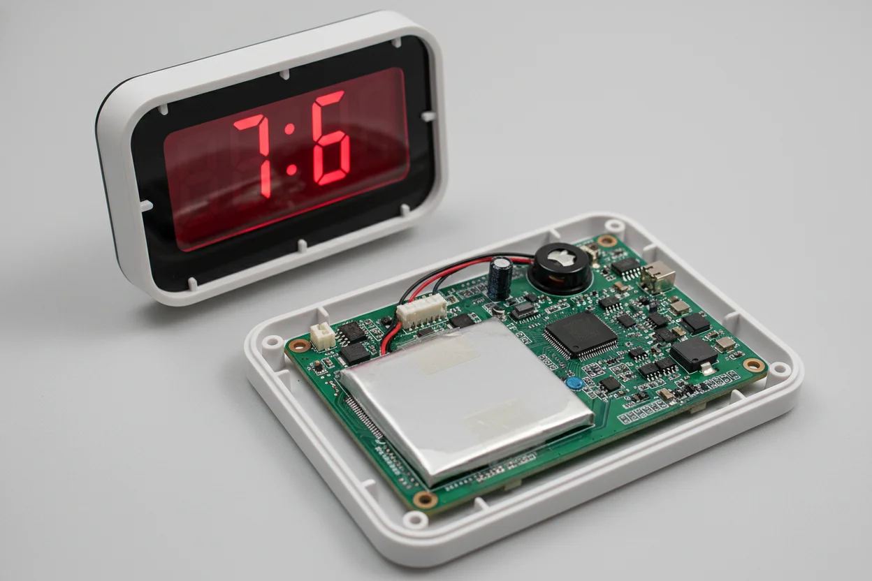 Interno di una sveglia spia che mostra la batteria ai polimeri di litio nascosta