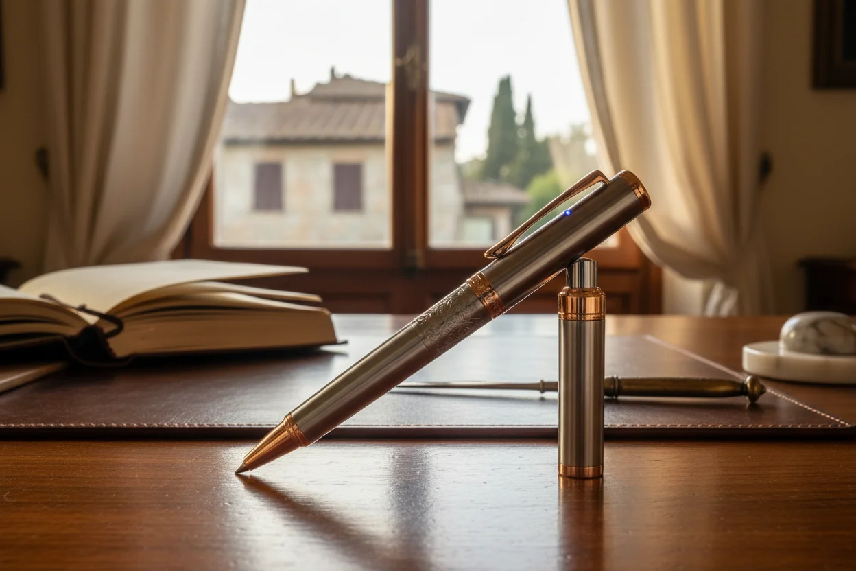 Professional spy pen camera resting on a leather notebook in a corporate boardroom