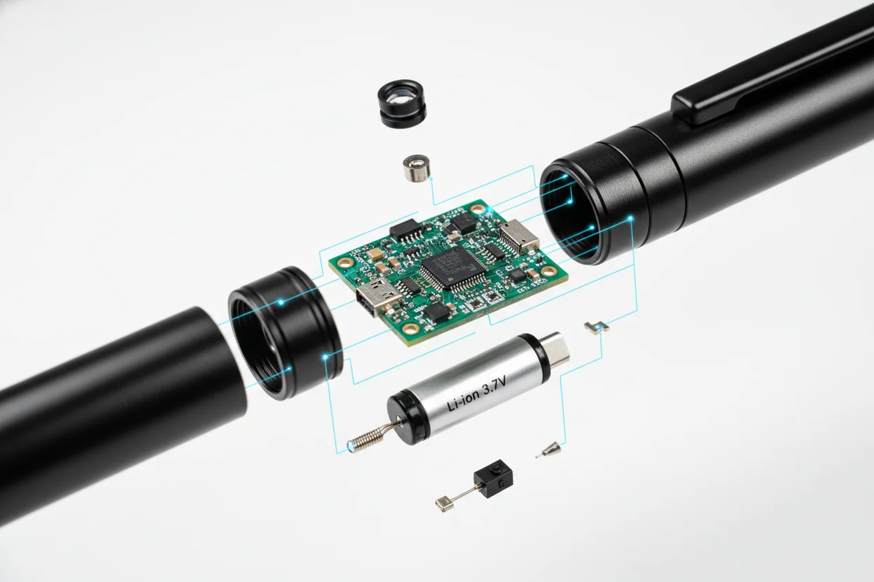 Internal schematic diagram of a spy pen camera showing the PCB, battery, and lens layout