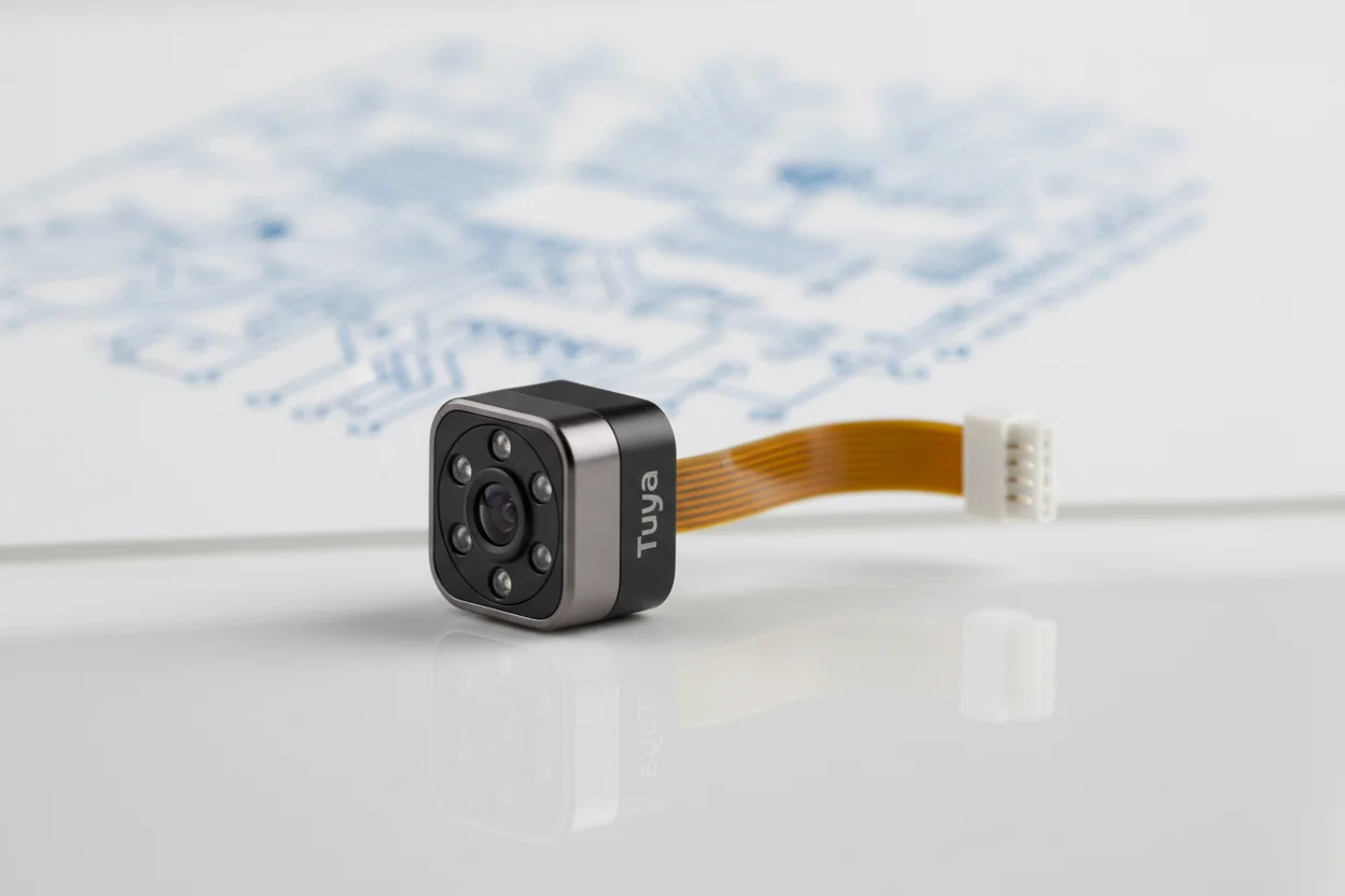 Tiny thumb-sized Tuya camera module used for discreet installations
