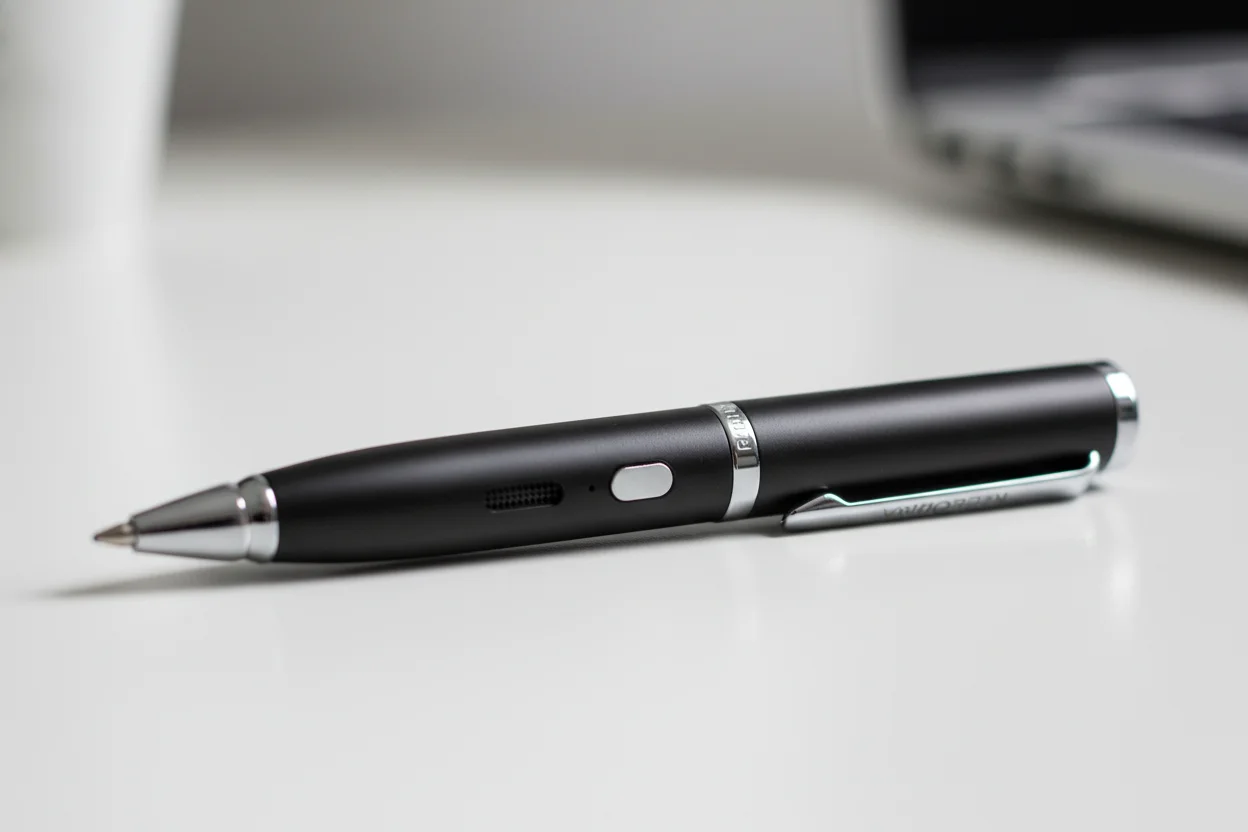Extremely tiny thumb-sized voice recorder disguised as a functional pen
