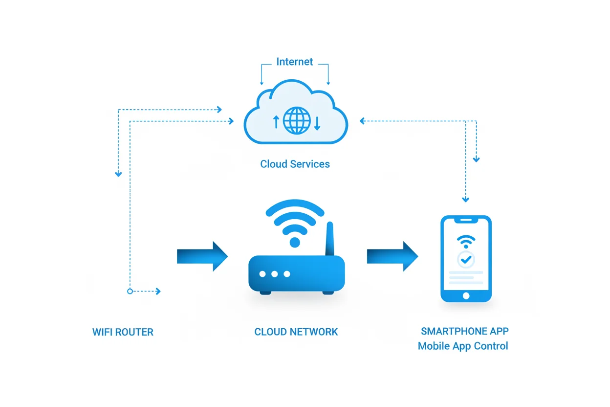 A schematic showing the connection between a Tuya camera router and cloud app
