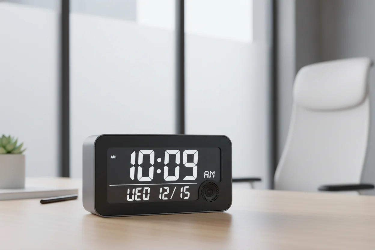 A discreet hidden camera disguised as a digital desk clock integrated with Tuya