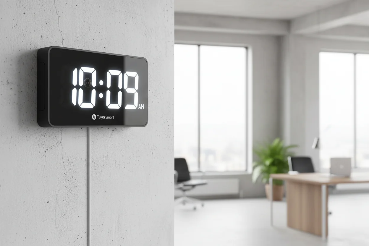 Disguised Tuya module built into a digital clock for discreet office monitoring