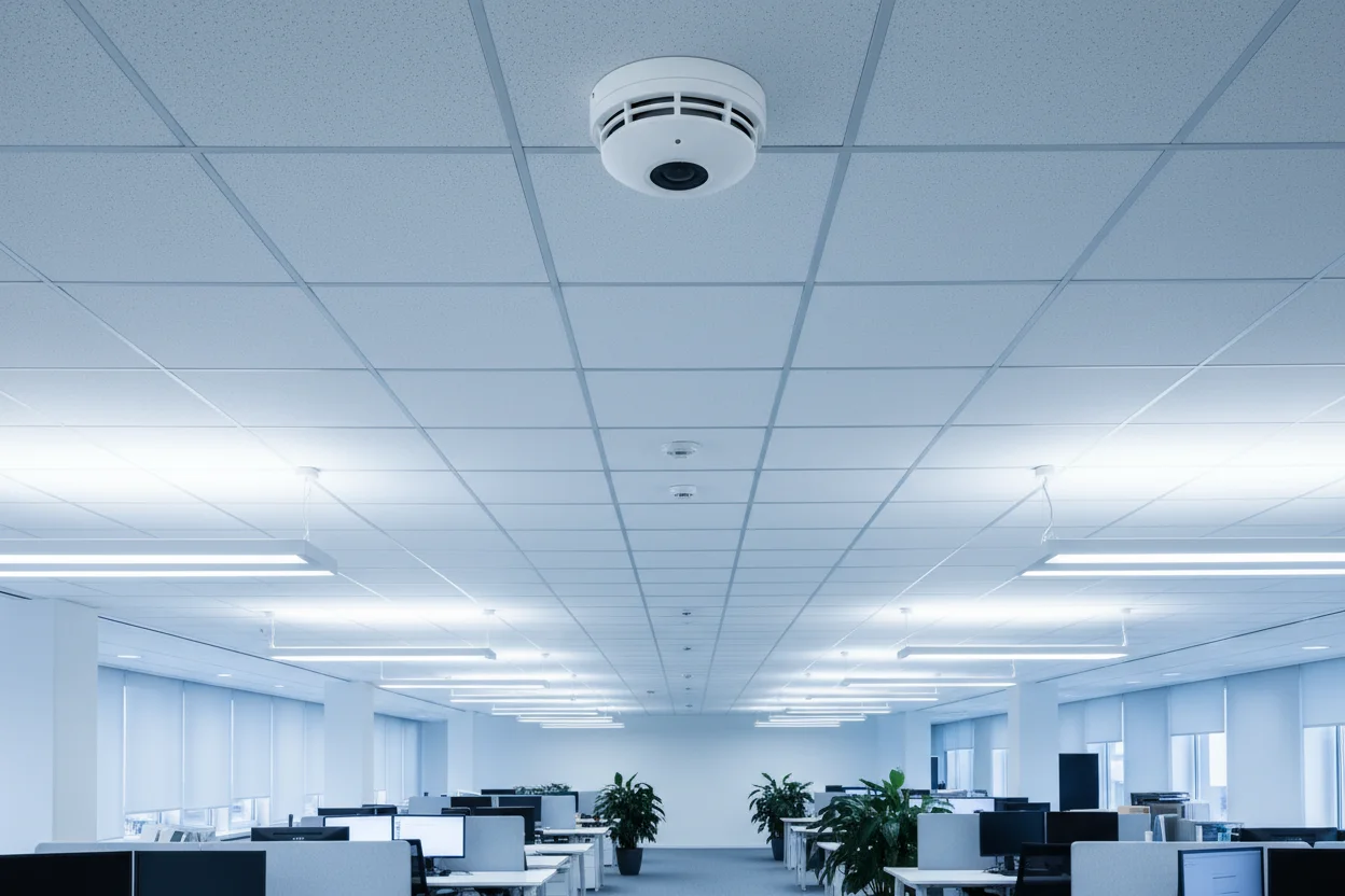 Mini telecamera Tuya integrata in un sensore di fumo per ufficio