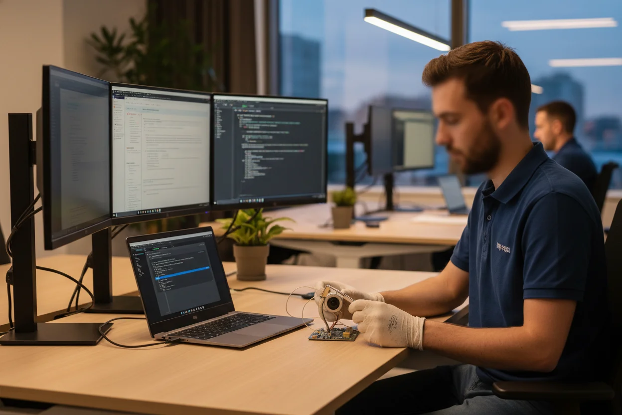 Technician in Italy performing a firmware update on a discreet Tuya module