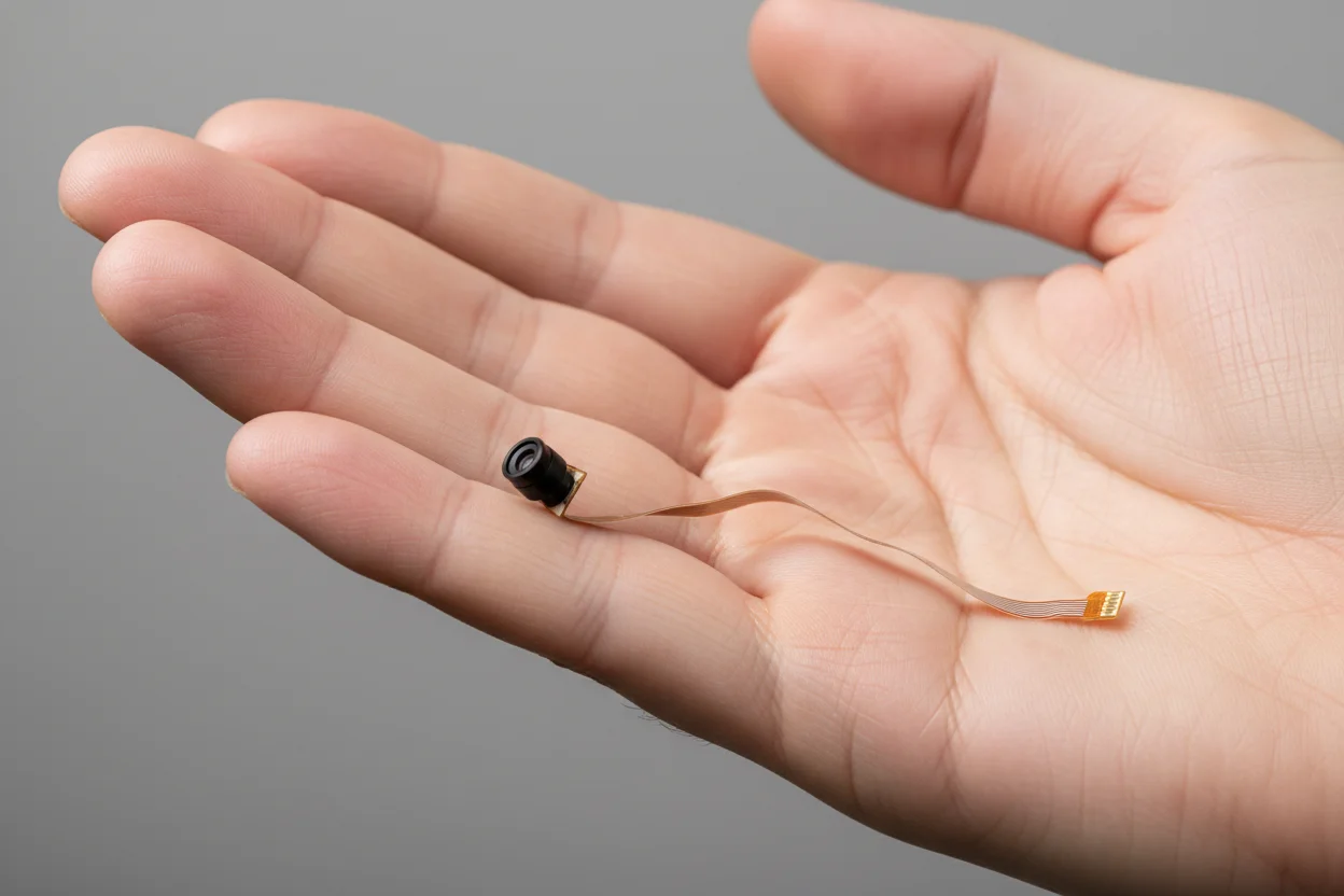 Lente miniaturizzata di una telecamera Tuya su un palmo di mano per mostrare le dimensioni ridotte