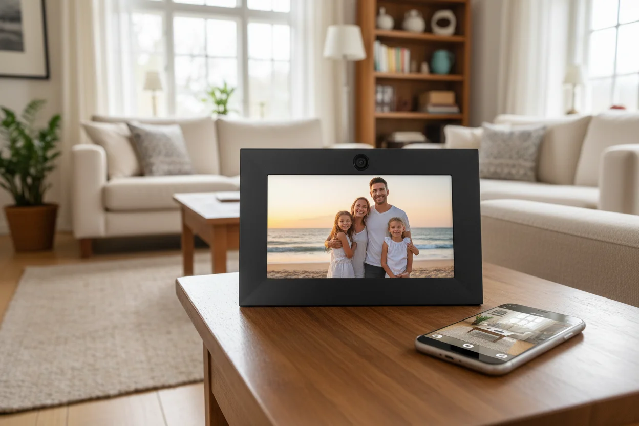 Telecamera WiFi nascosta in una cornice fotografica connessa al telefono