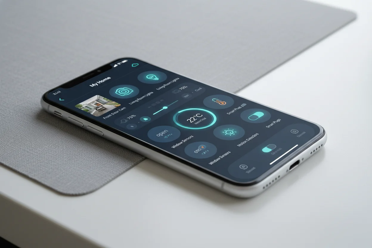 A smartphone displaying the Tuya Smart app dashboard with various connected devices