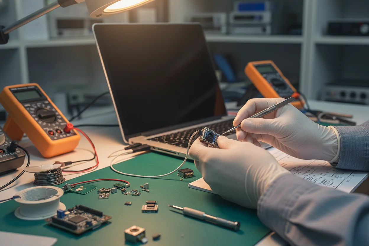 A technician configuring a mini Tuya WiFi camera module on a workbench