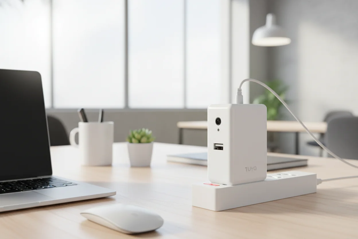 Disguised Tuya wifi camera built into a standard office USB charger block