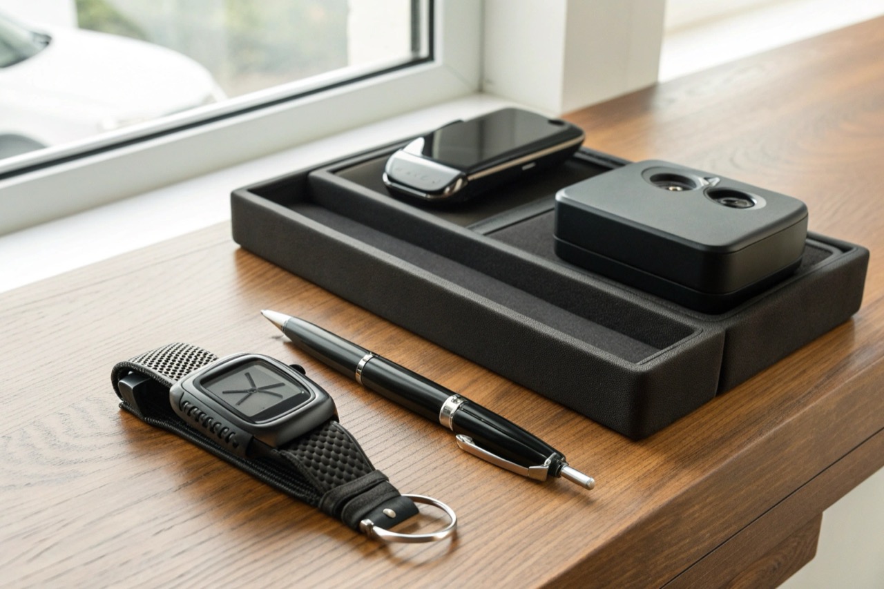 Vari formati di registratori vocali inclusi orologi chiavi e box magnetici su tavolo da lavoro