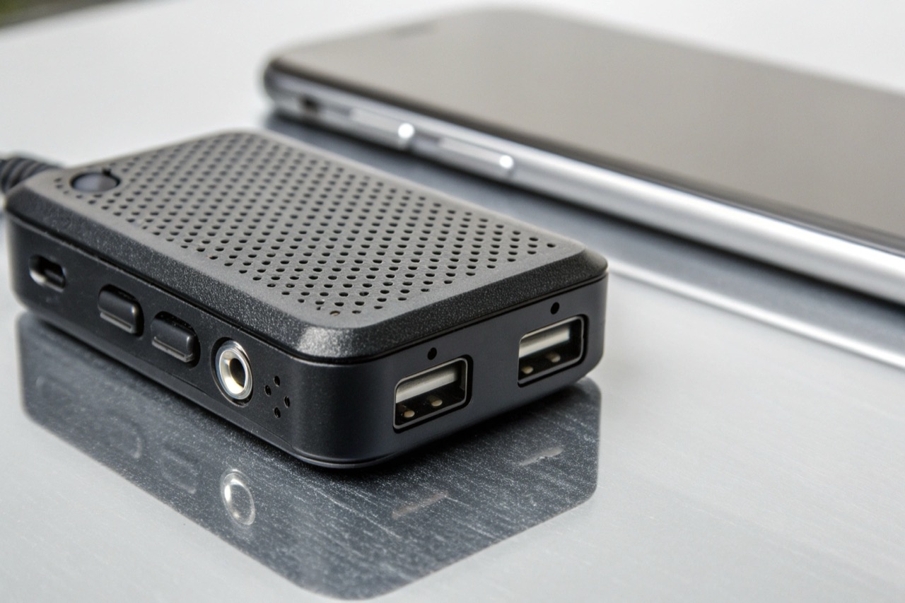 Un piccolo registratore vocale con attacco magnetico e una porta USB-C ben visibile, che suggerisce capacit&agrave; di ricarica moderna e veloce.