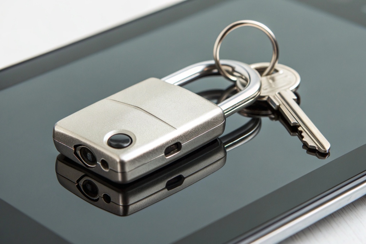 A robust metallic keychain voice recorder resting on a dark reflective surface