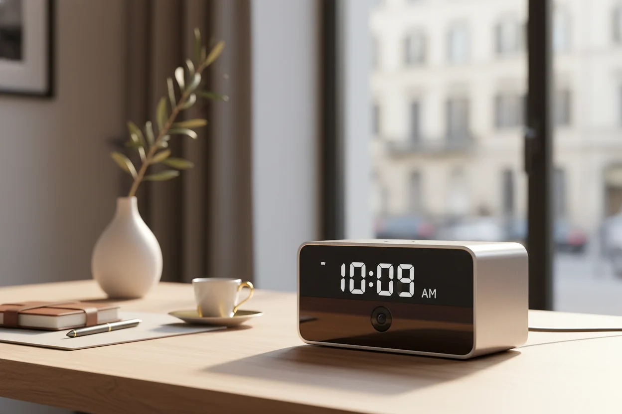 Discreet WiFi hidden clock camera seamlessly blending into a modern office desk setup