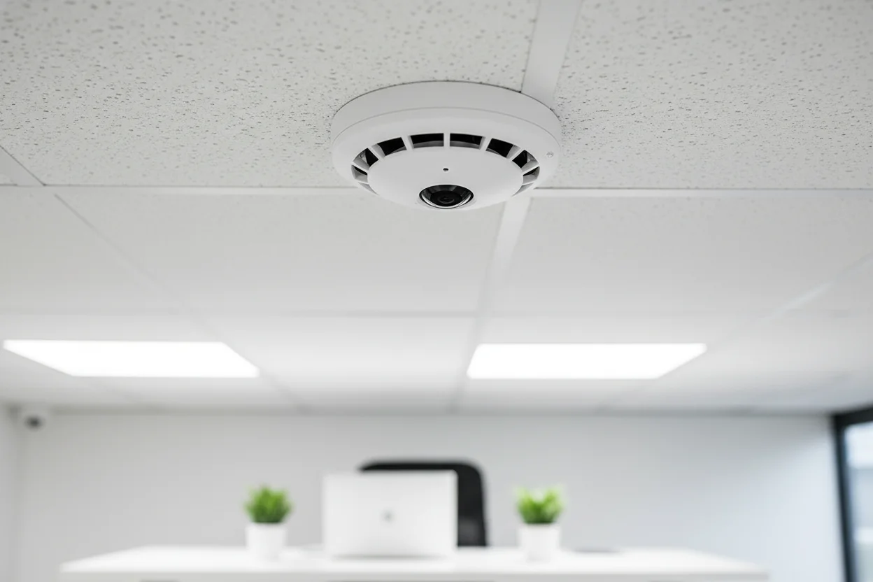 Tiny wifi hidden camera lens disguised inside a smoke detector casing