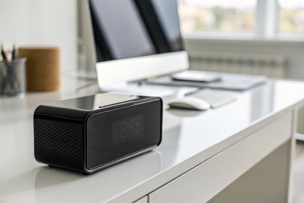 Black modern digital WiFi spy clock sitting on an office desk blending in as a security device