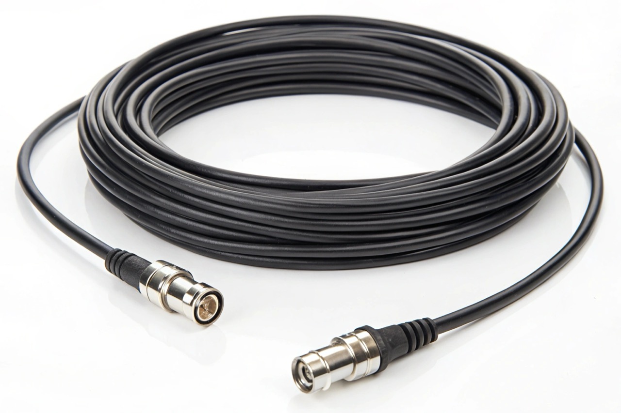 Clean isolated view of thick security camera cables and wiring connectors