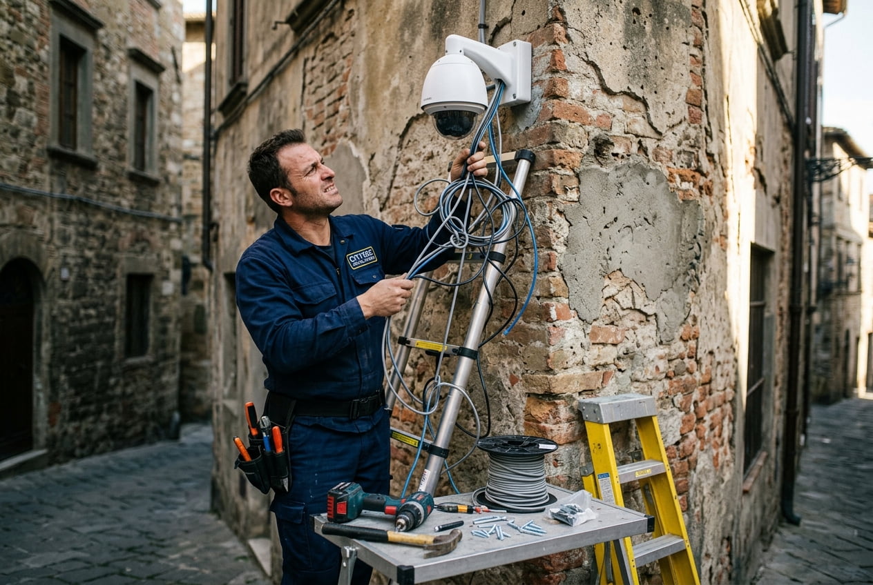 Technician struggling with wired security camera cables