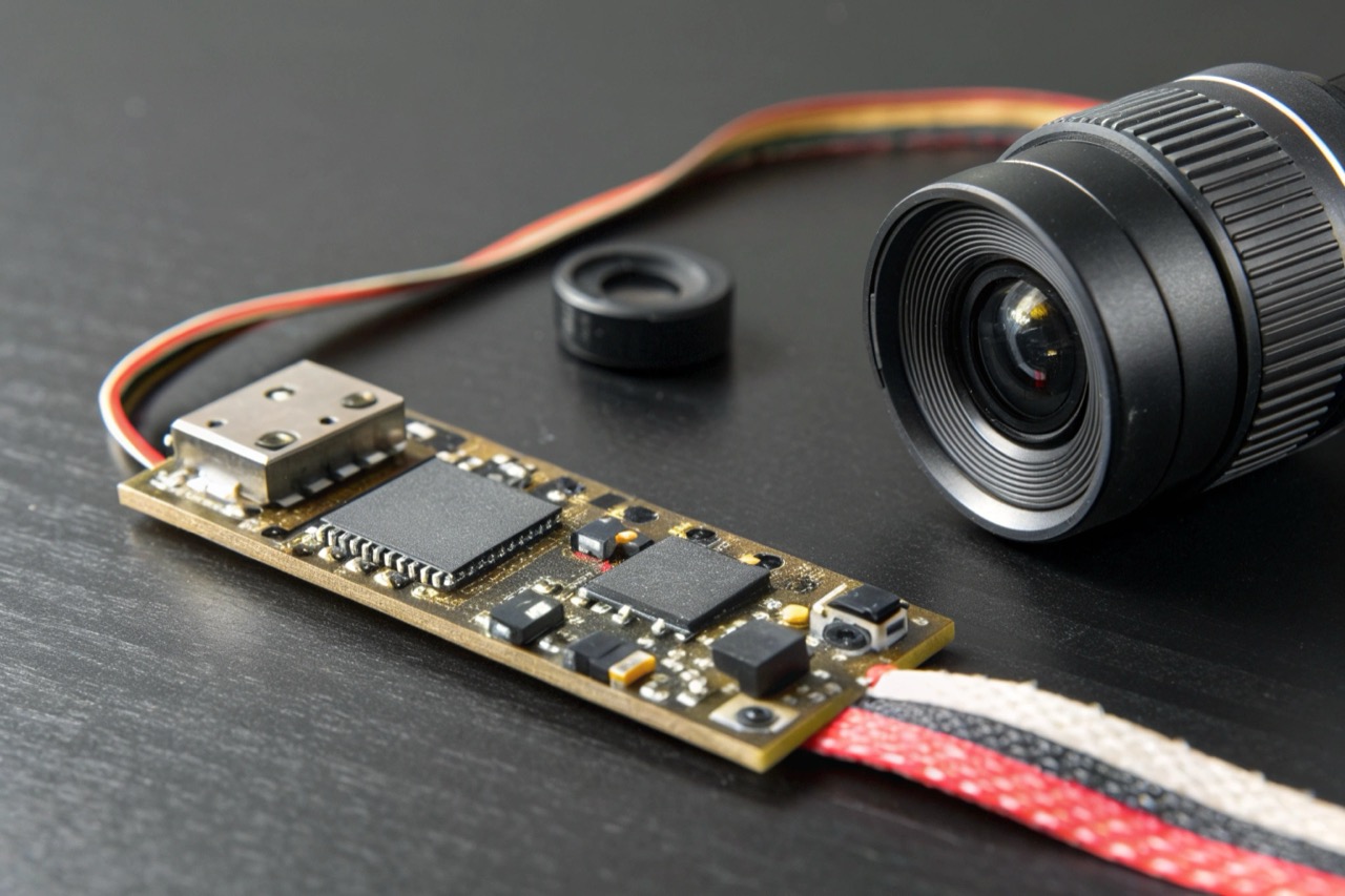 Macro shot of a high-tech wireless camera module with external battery and lens component on a dark surface