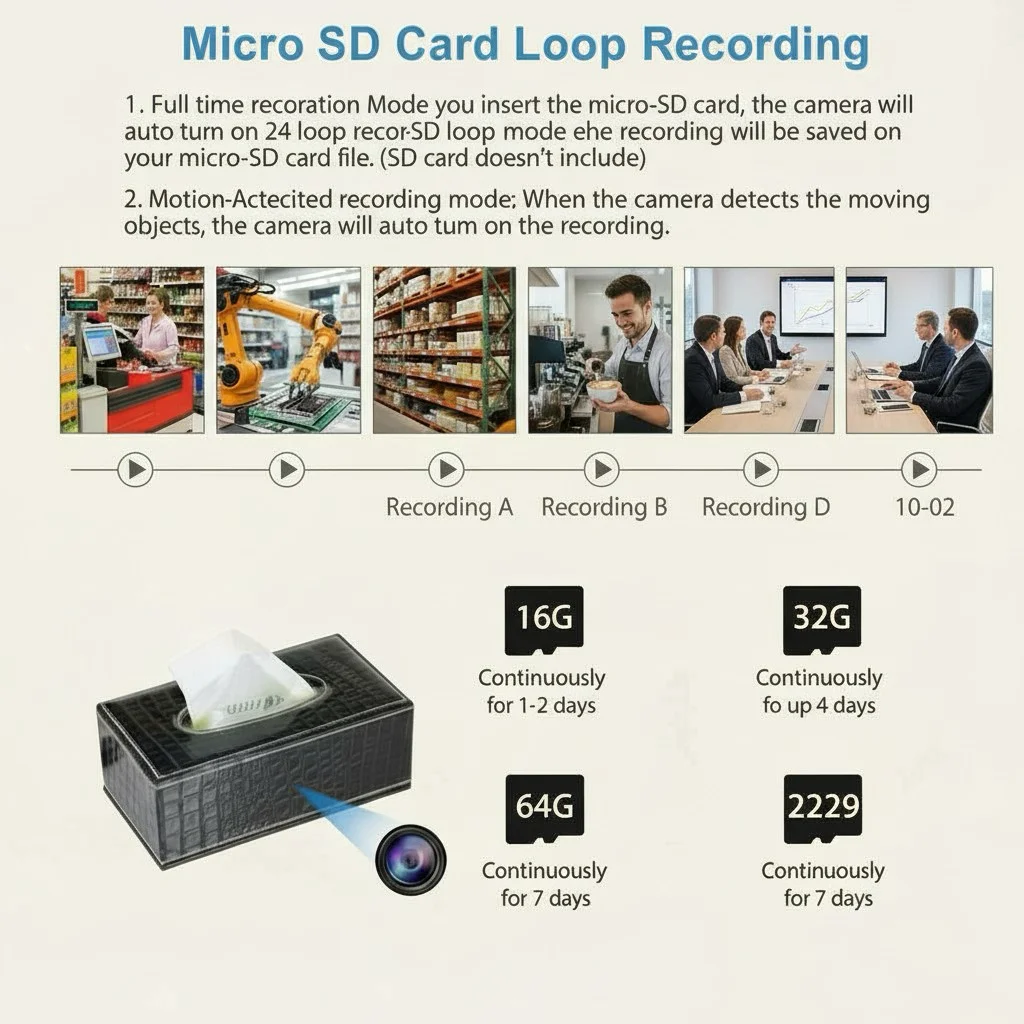 Covert camera micro sd card loop recording motion detection