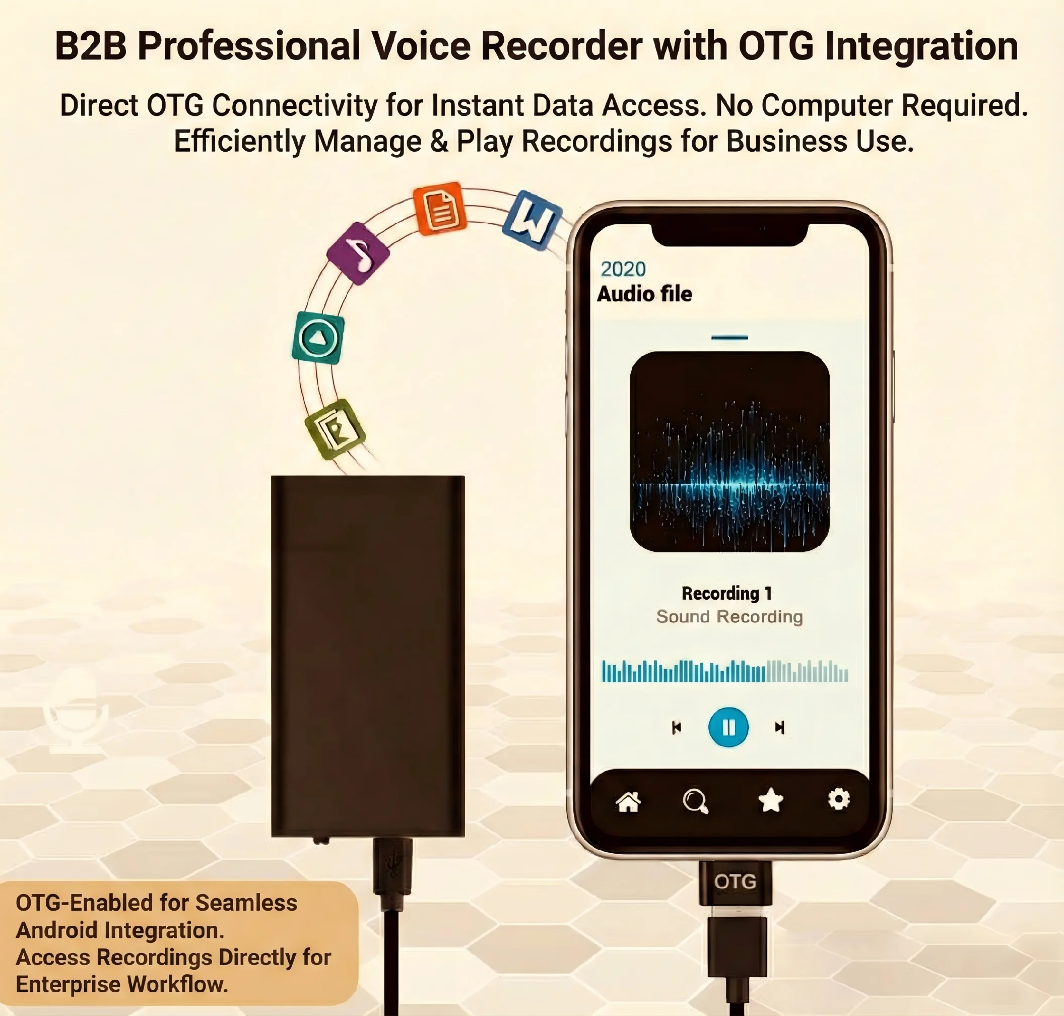 Mini audio recorder OTG Android integration instant data access