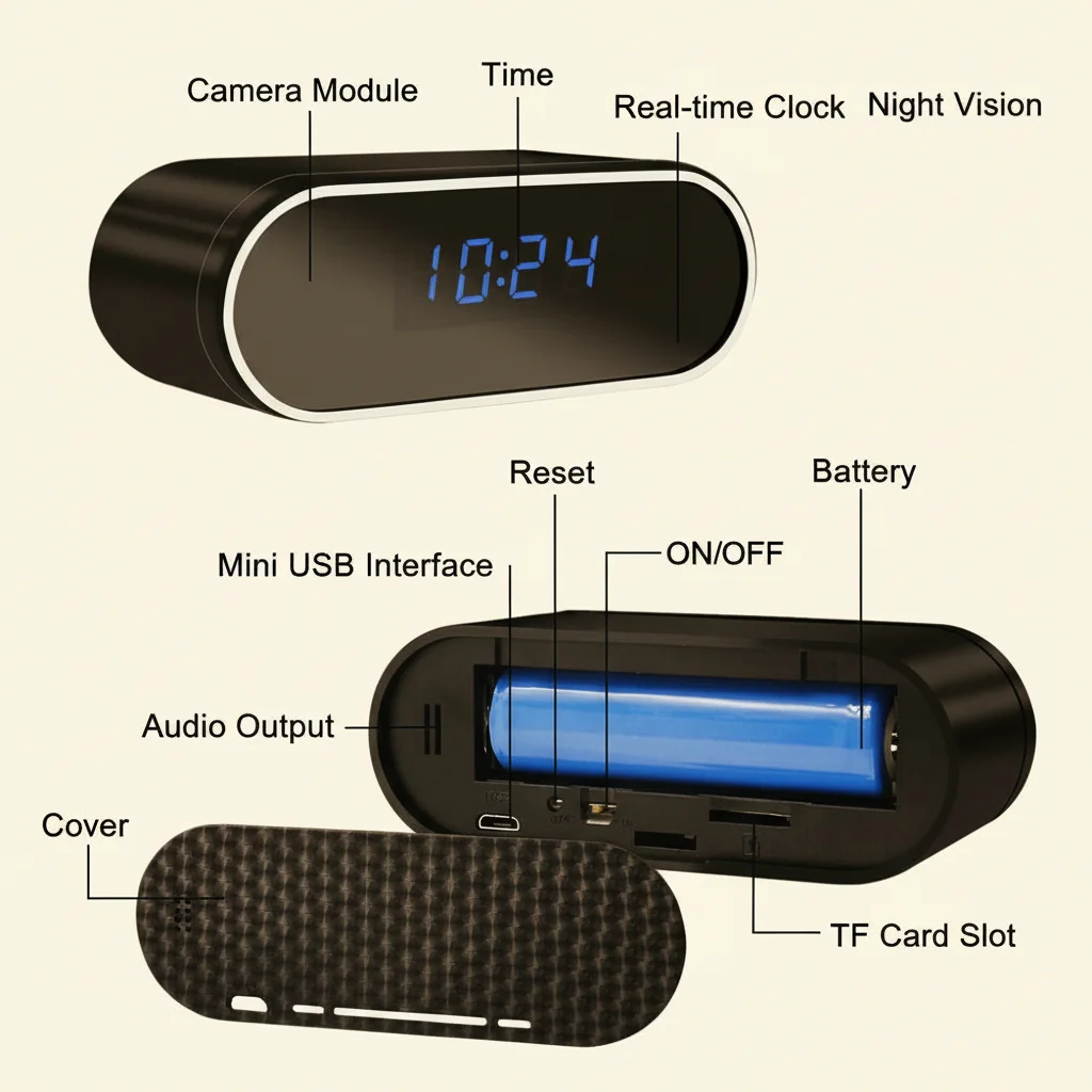 Mirror LED clock camera interior design home security