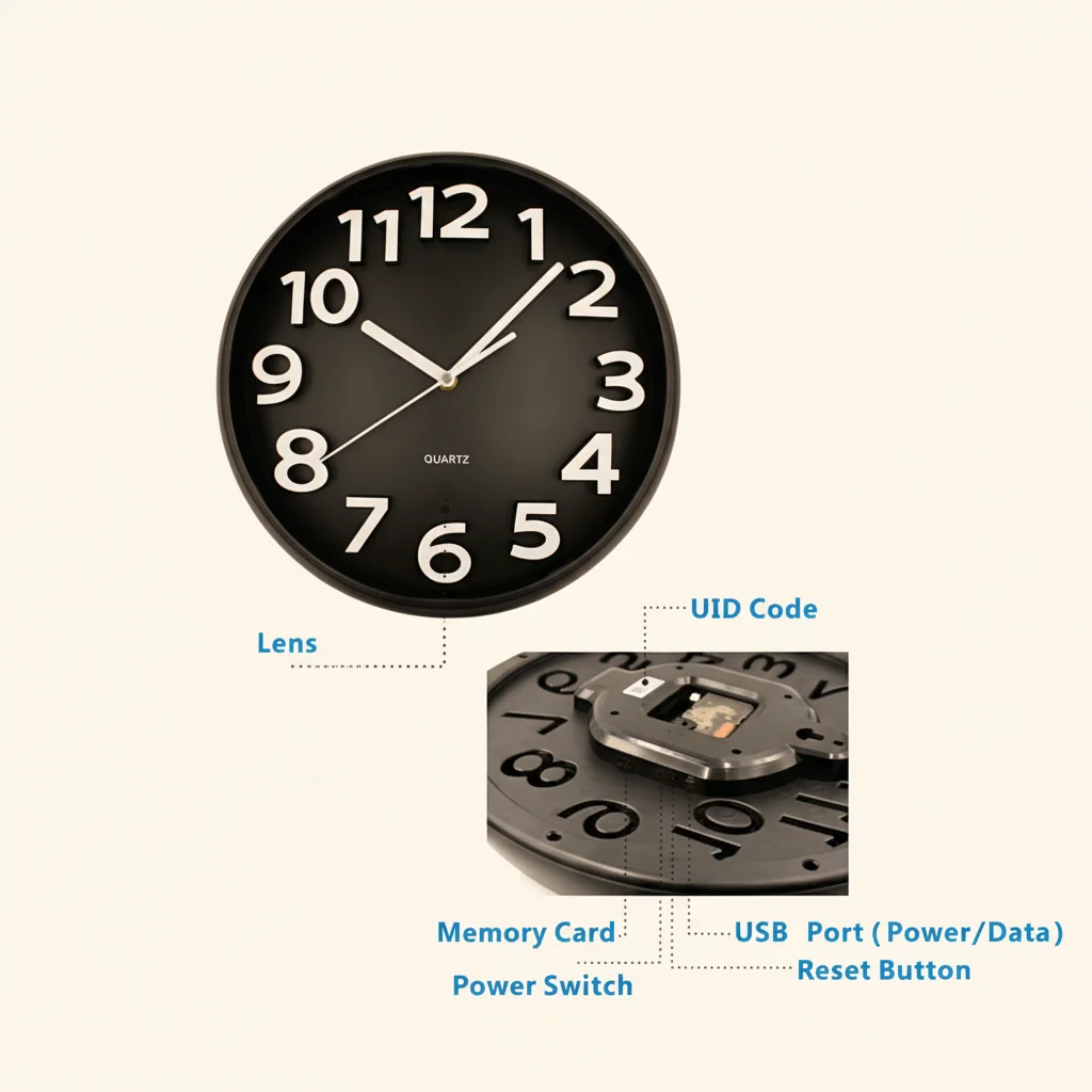 Wall Clock Camera Back Structure USB Port Reset Button
